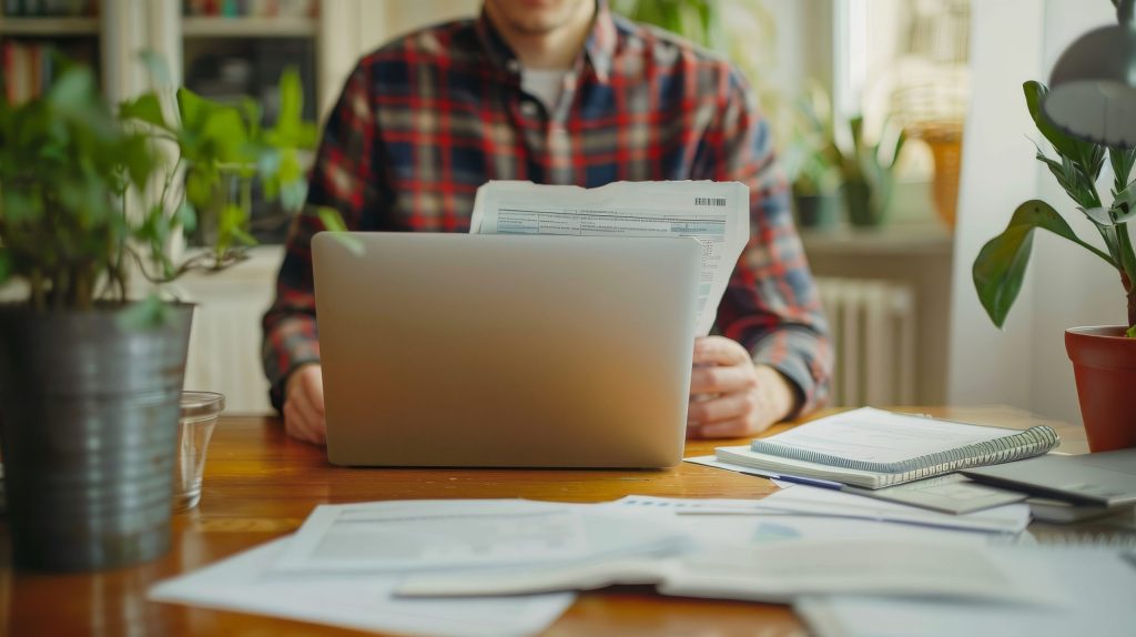 Person calculating tax returns at home with financial documents, receipts, and a laptop while preparing for IRS audit compliance.